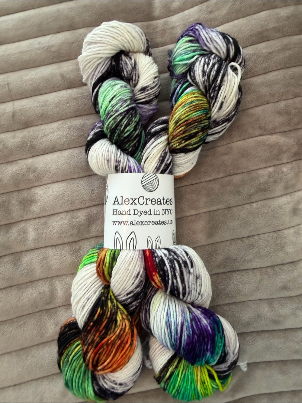 Alex created hand-Dyed Multicolor Yarn - White, Black, Green, Purple, Orange A